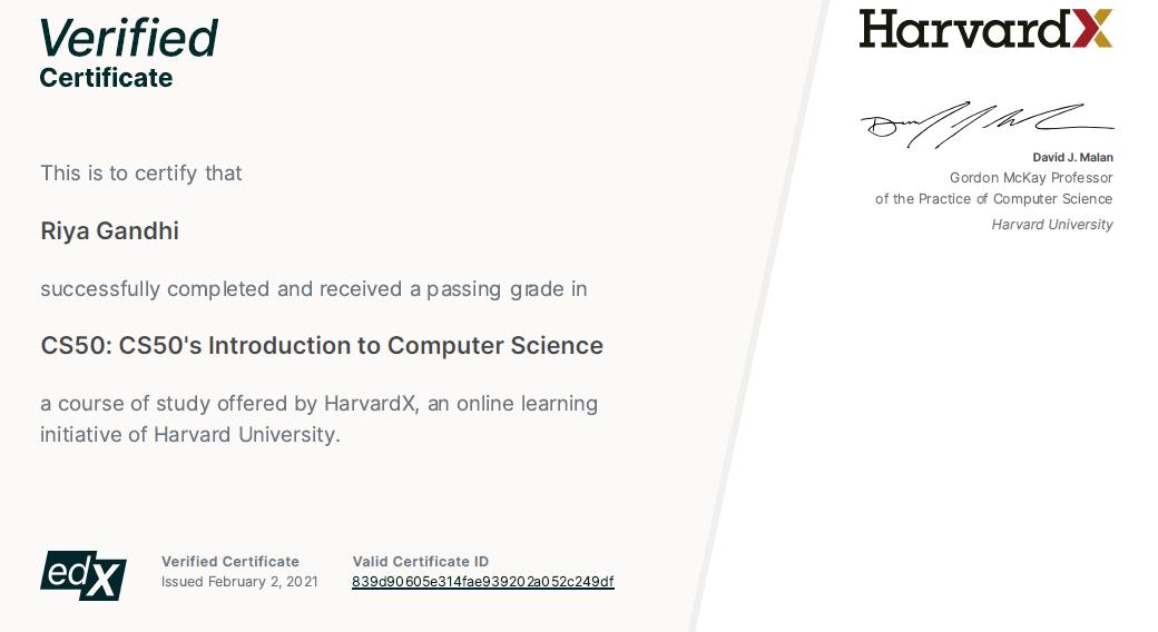 CS50 Computer Science certificate